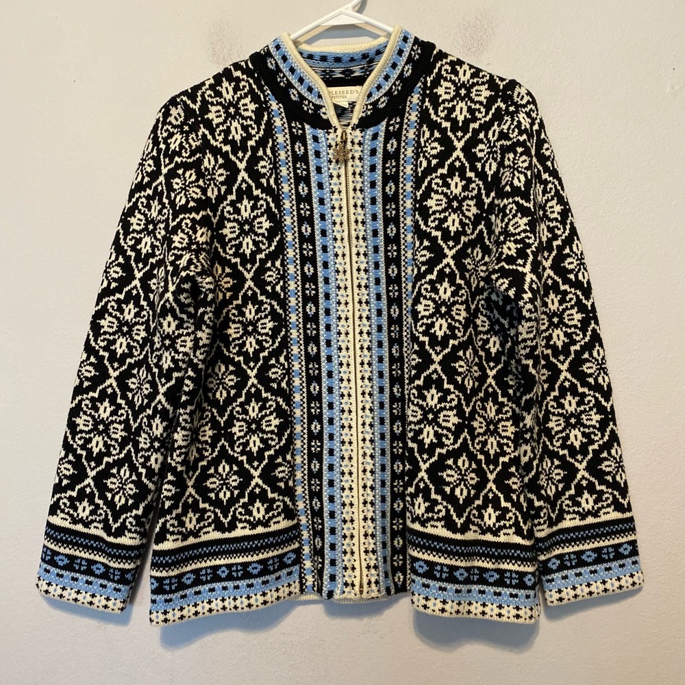 Appleseed's Black, Cream & Light Blue Nordic Zip-Front Cardigan